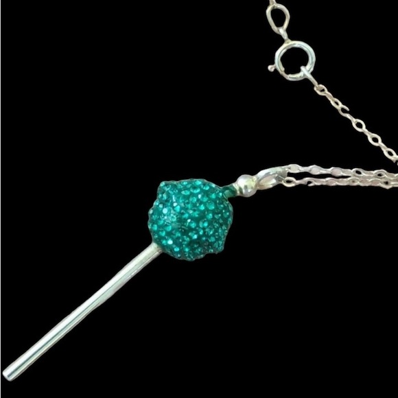 Vintage .925 Sterling Silver 18" Necklace With Teal Crystal 'Lollypop' Pendant - Picture 2 of 4